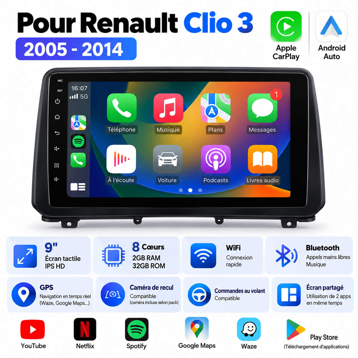 Autoradio CarPlay Apple & Android Auto pour Renault Clio 3 (2005–2014) – Écran tactile GPS Bluetooth Wi-Fi