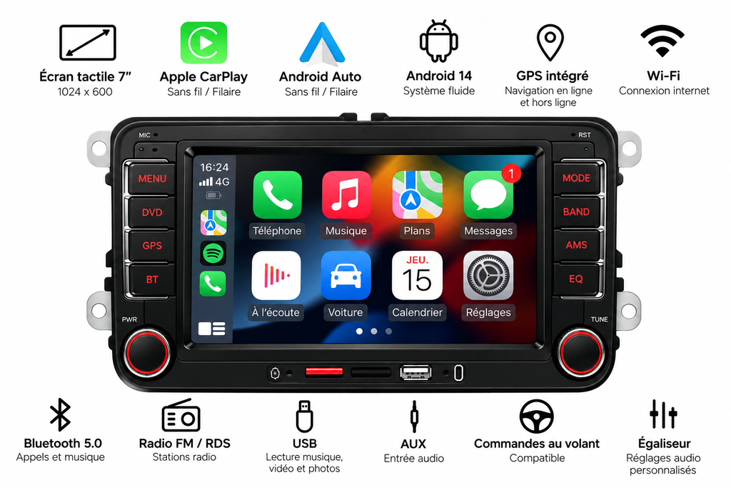 Autoradio CarPlay Volkswagen Tiguan 1 – Apple CarPlay & Android Auto Sans Fil, GPS, Bluetooth, Écran Tactile