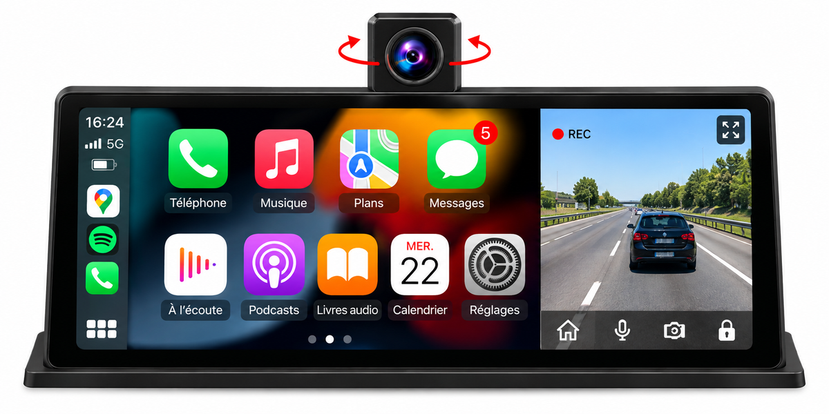 Écran CarPlay 10,26" avec Dashcam 4K 360° & Caméra de Recul – Apple CarPlay Android Auto
