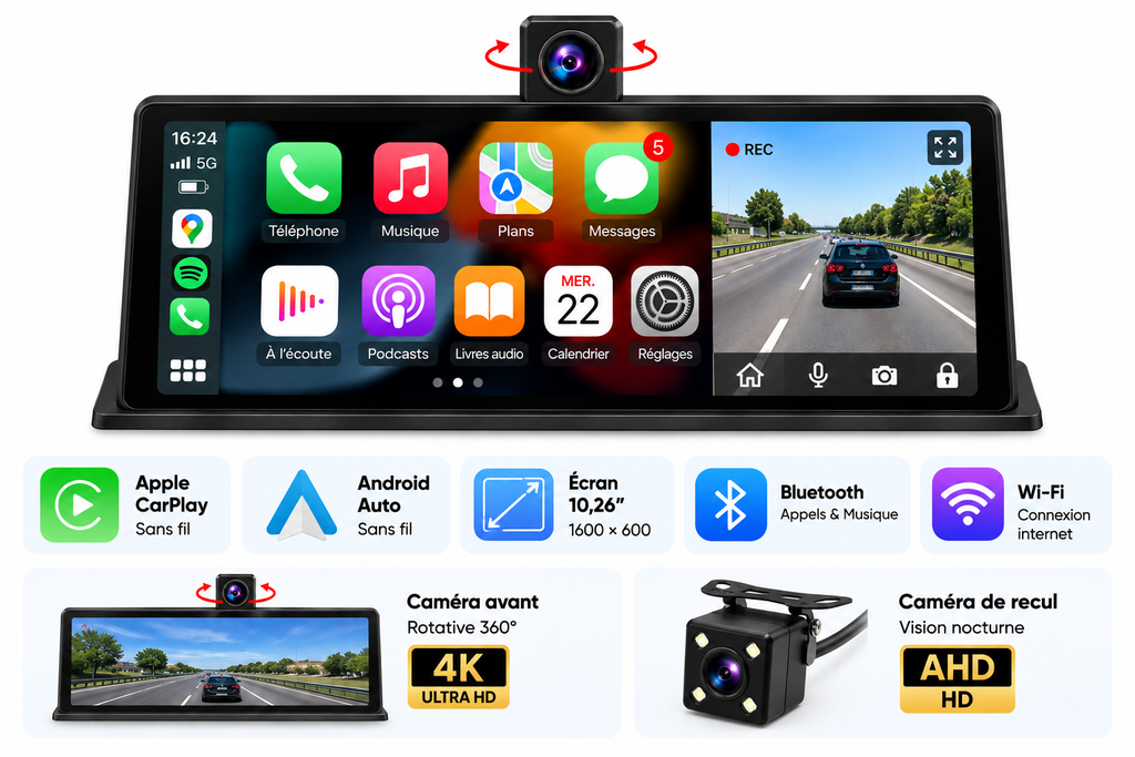 Écran CarPlay 10,26" avec Dashcam 4K 360° & Caméra de Recul – Apple CarPlay Android Auto