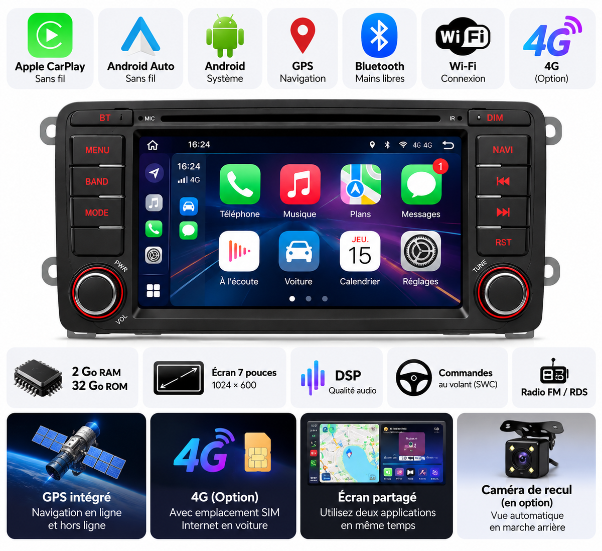 Autoradio CarPlay Audi A3 8P 2003–2012 – Apple CarPlay & Android Auto Sans Fil, GPS, Bluetooth