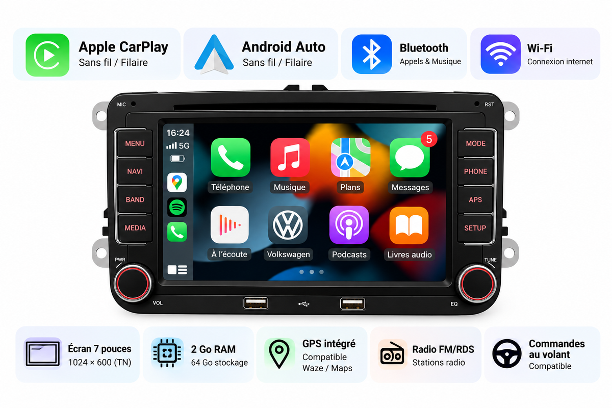 Autoradio CarPlay Golf 5 – Apple CarPlay & Android Auto Sans Fil 7" Bluetooth