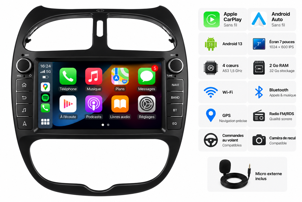 Autoradio CarPlay Peugeot 206 – Apple CarPlay & Android Auto Sans Fil 7" GPS Bluetooth