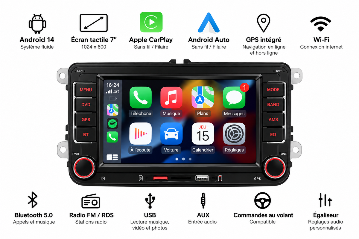 Autoradio CarPlay Volkswagen Golf 6 – Apple CarPlay & Android Auto Sans Fil, Bluetooth, GPS, Écran Tactile