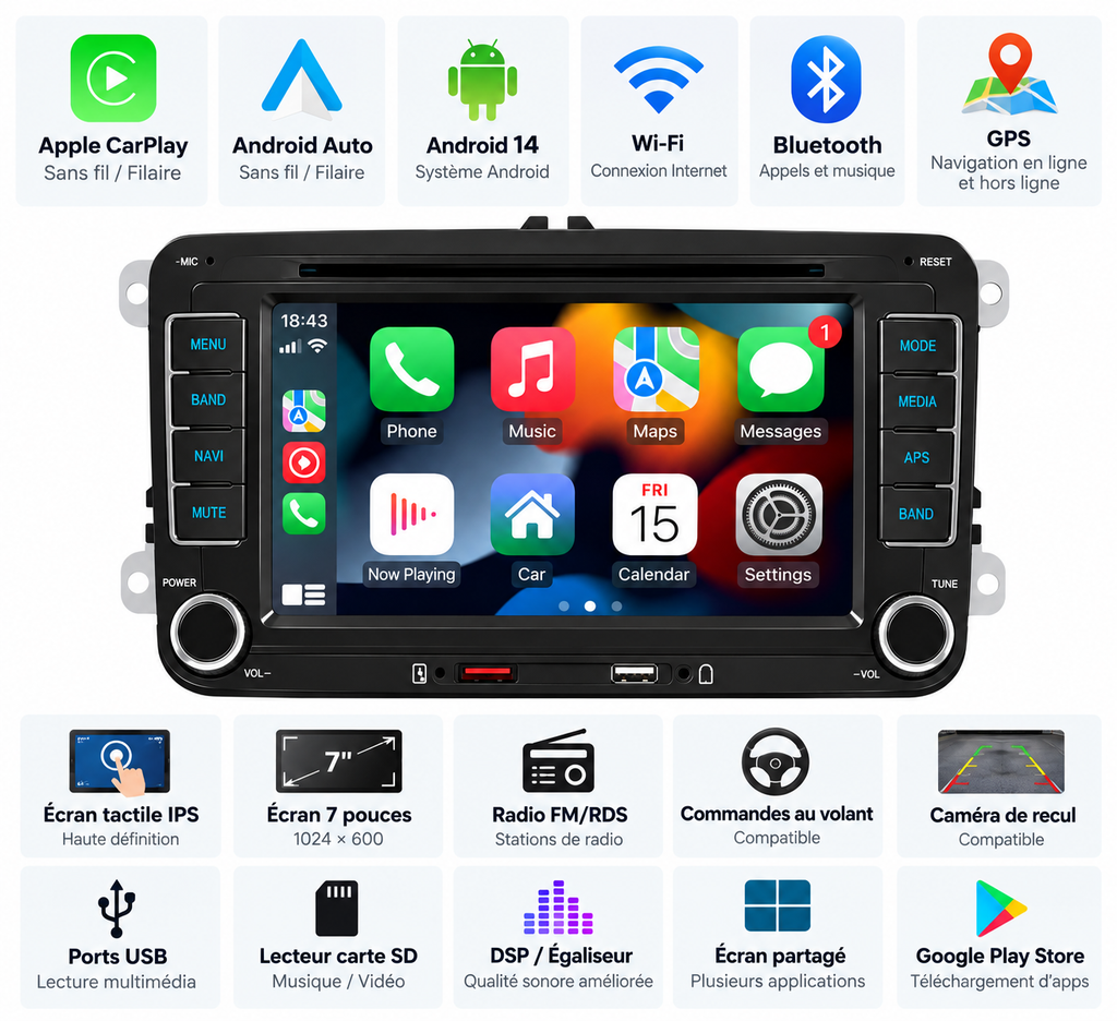 Autoradio CarPlay Volkswagen Touran 1 – Apple CarPlay & Android Auto, Écran Tactile Bluetooth GPS