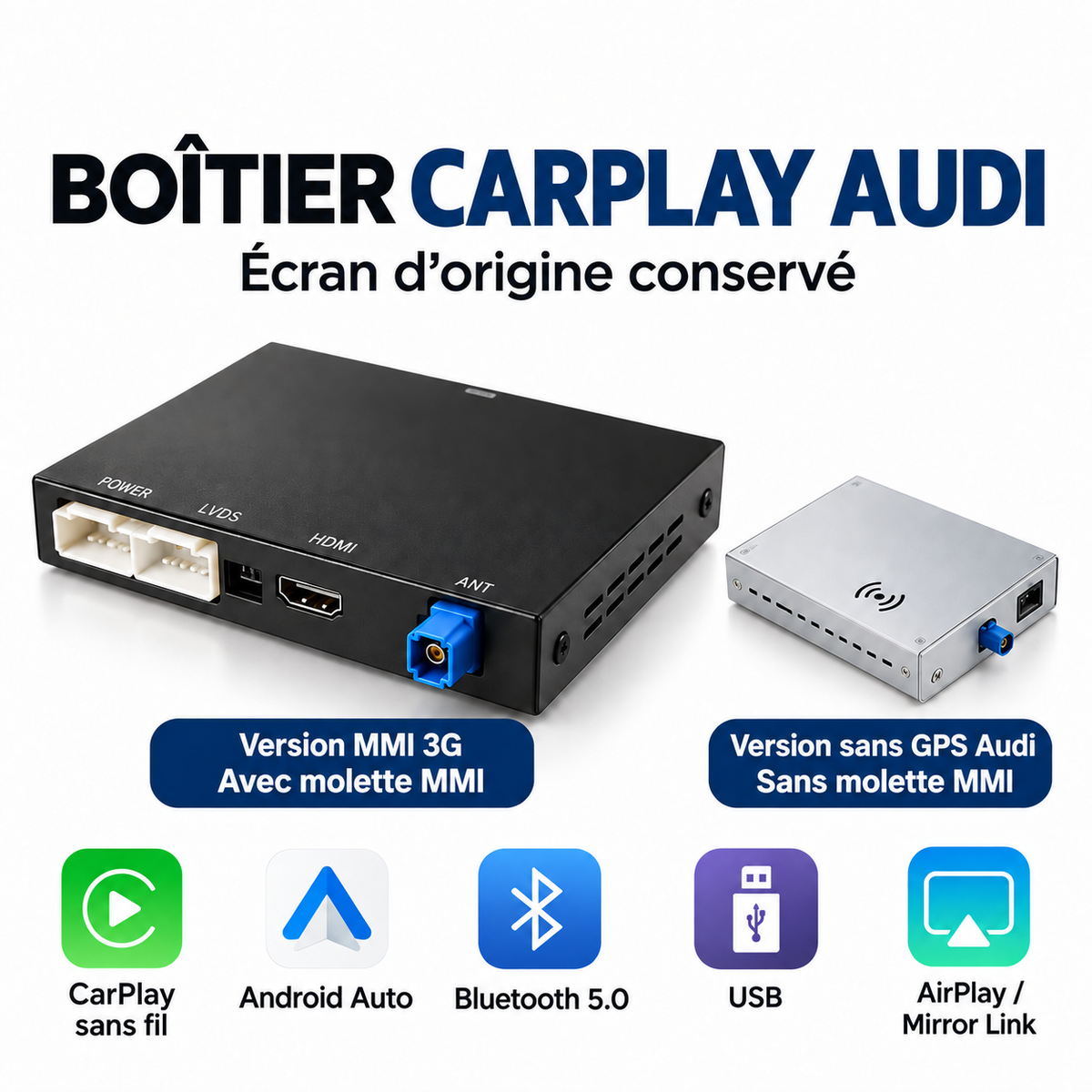 Deux boîtiers Apple CarPlay Audi A4 B8, versions avec et sans molette MMI