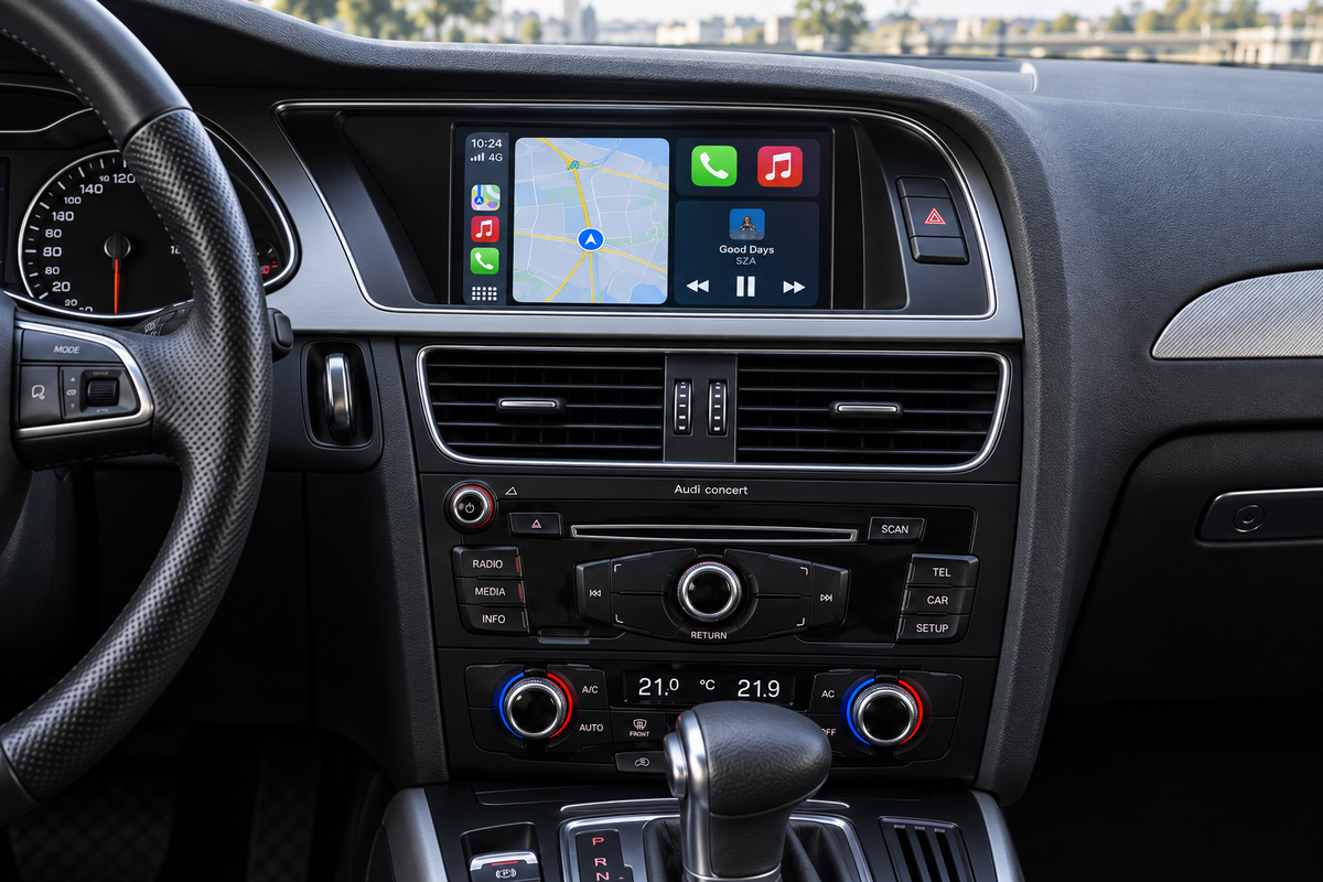 Apple CarPlay dans une Audi A4 B8 avec molette MMI, visuel illustratif