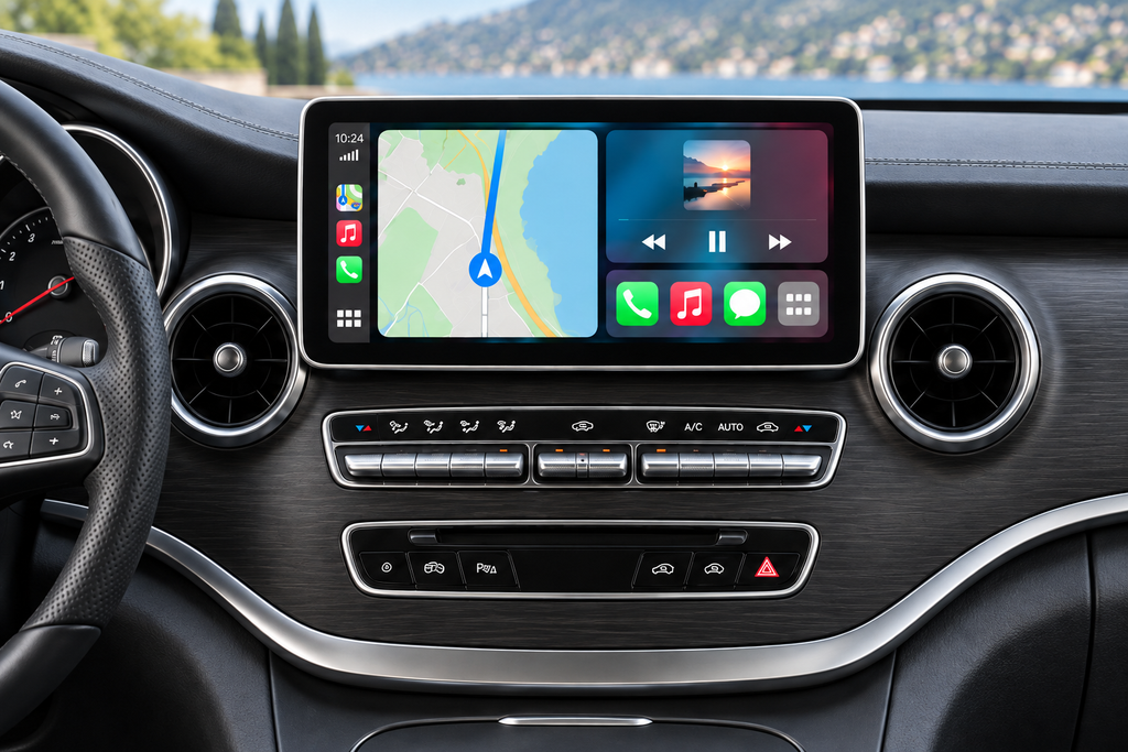 Écran CarPlay installé dans une Mercedes Classe V W447, vue de face