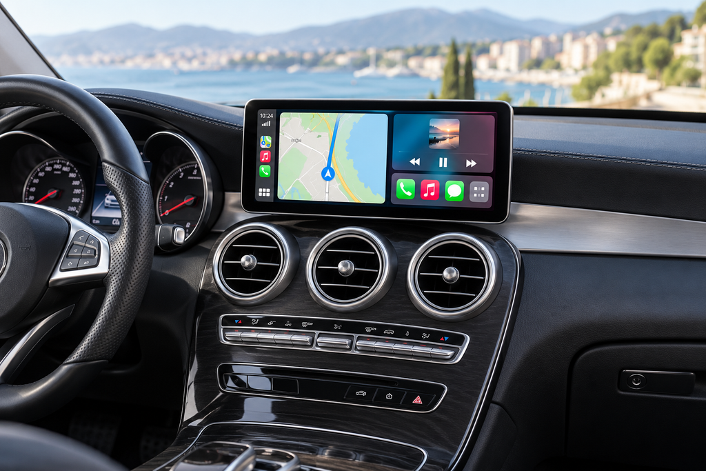 Illustration de l’écran CarPlay 10,25 pouces dans une Mercedes Classe C W205