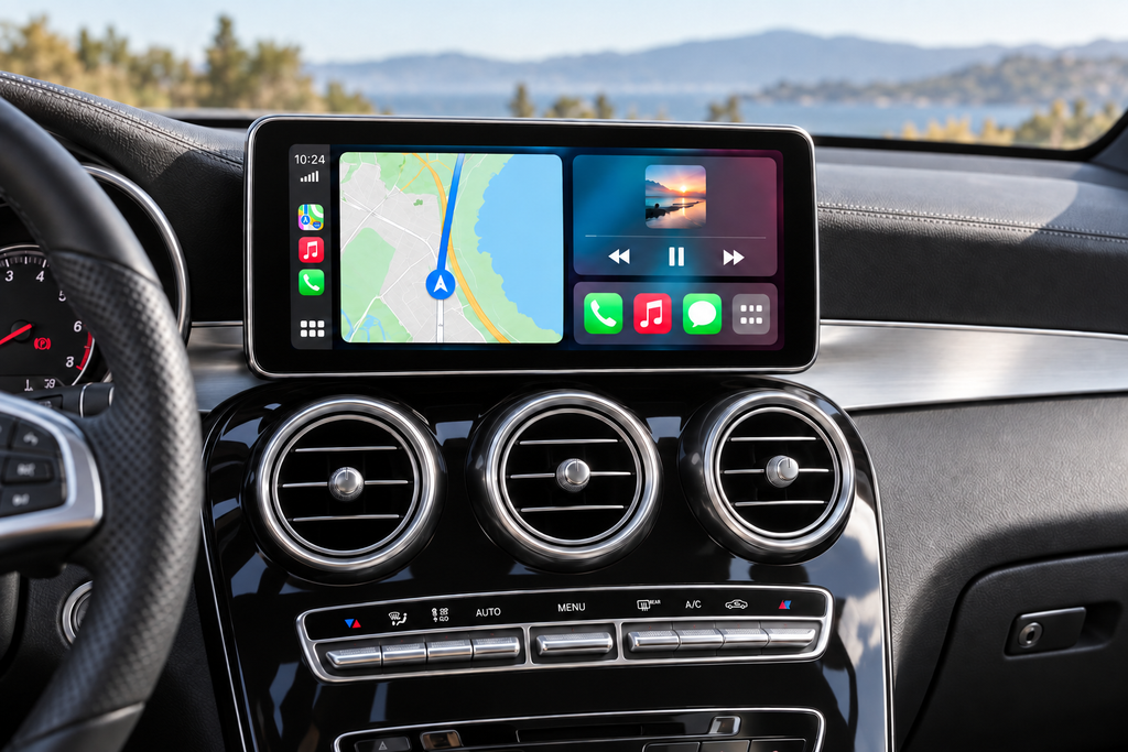 Écran CarPlay intégré dans un Mercedes GLC X253, tableau de bord noir