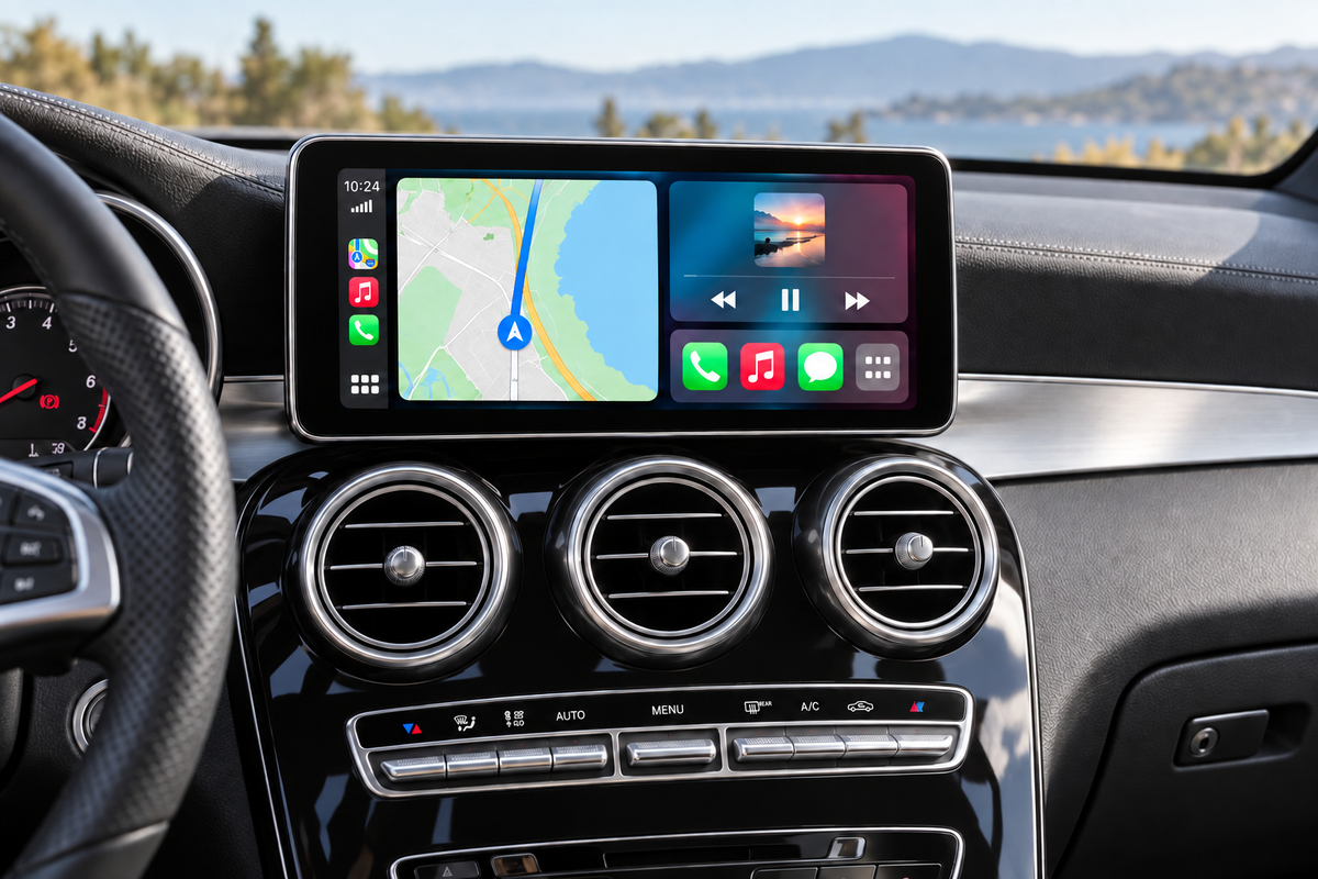 Écran CarPlay intégré dans un Mercedes GLC X253, tableau de bord noir