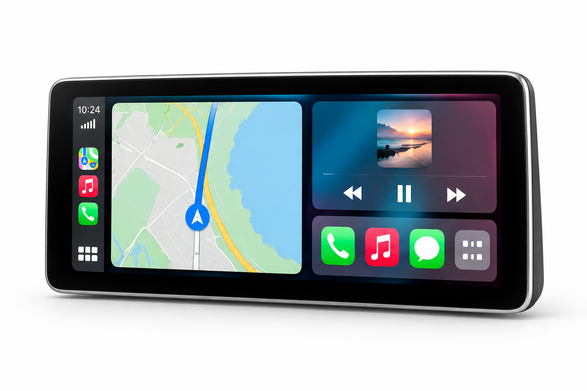 Écran CarPlay Mercedes sur fond blanc